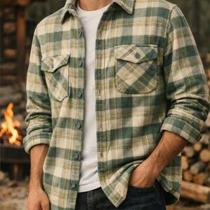 AG Adriano Goldschmied Plaid Flannel Shacket Jacket Green Cream Mens M NWOT